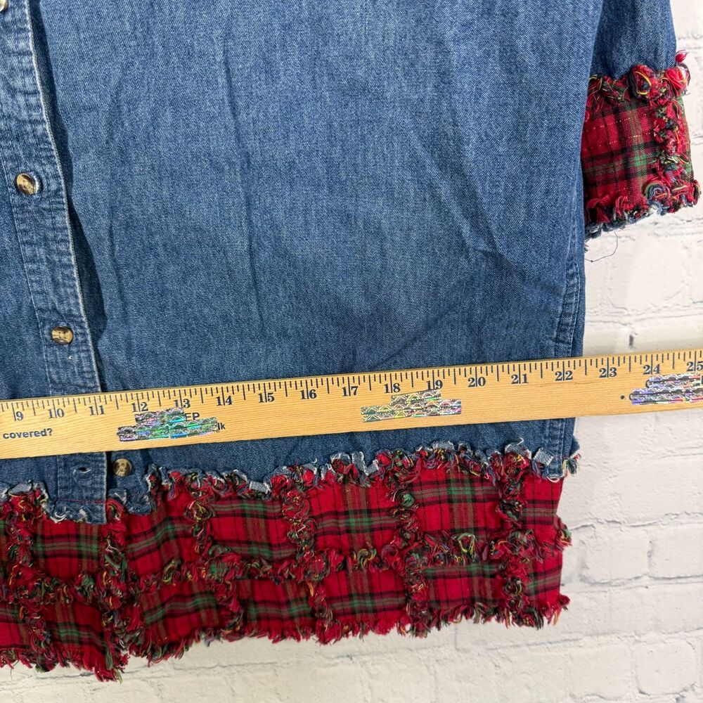 Sierra Pacific Large Denim Christmas Shirt Poinsettia Plaid Holiday Applique - Picture 7 of 11